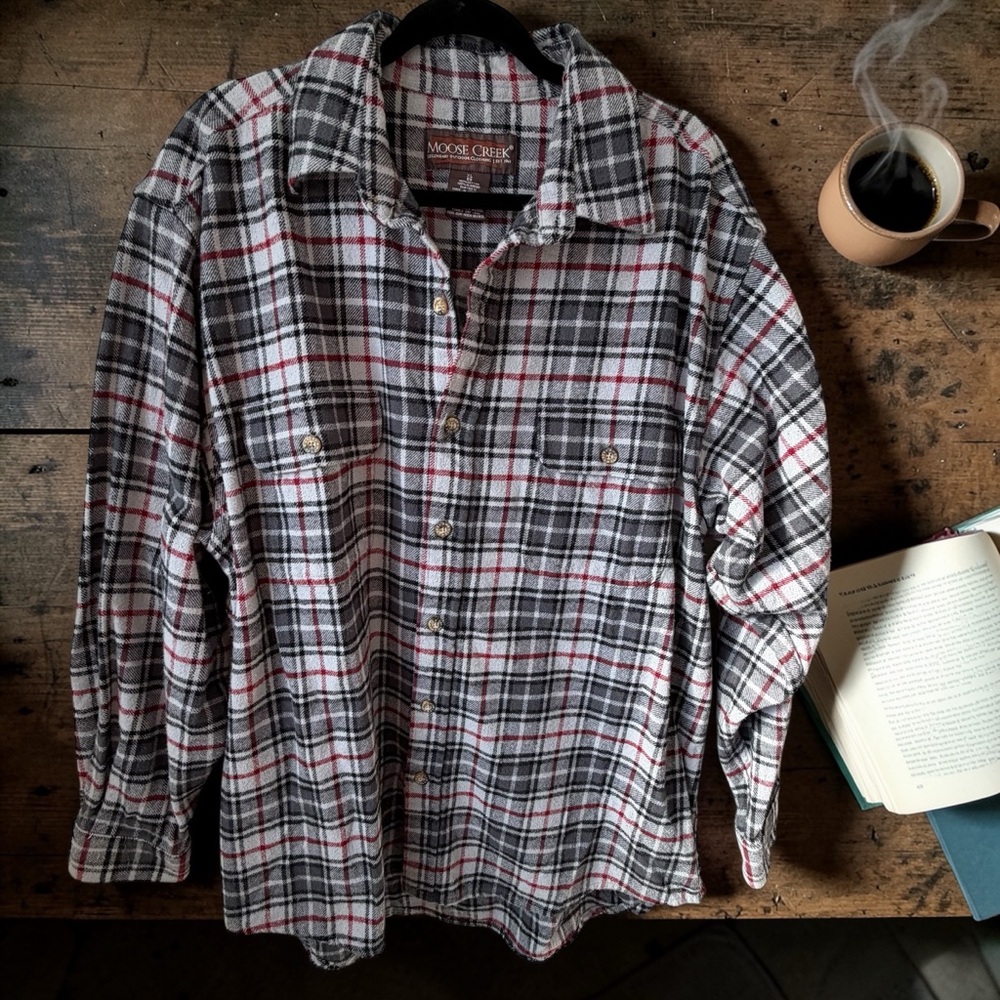 Moose Creek Gray Plaid Button-Up Shirt with Red Accents